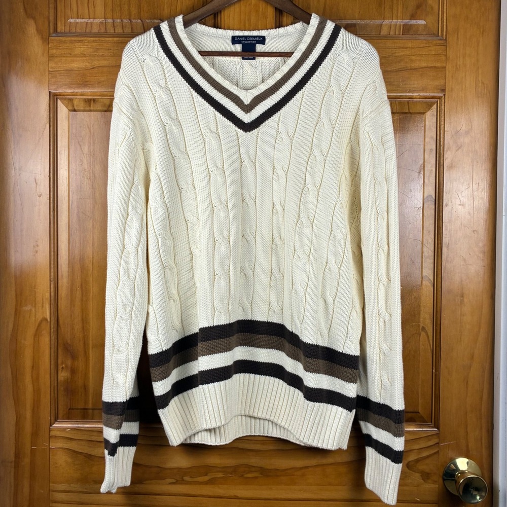 Daniel Cremieux Cotton Cable Knit Cricket Sweater Cream Brown V-Neck Size L